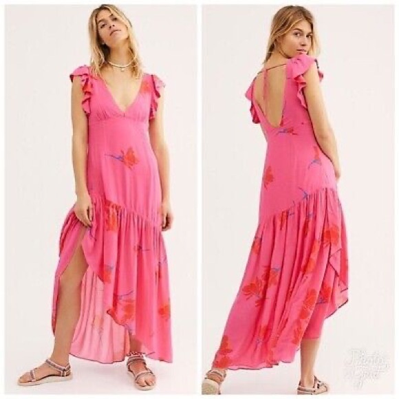 🌺 Free People She's A Waterfall High/Low Maxi Dress in Hibiscus Pink Floral, 8 - Picture 7 of 9